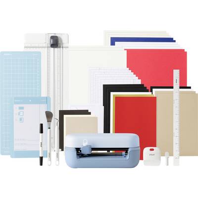 Ein Cricut-Schneidemaschinen-Set mit verschiedenen Zubehörteilen und farbenfrohen Materialien, einschließlich Linealen, Stiften und Schneidematten, für Bastelprodukte.