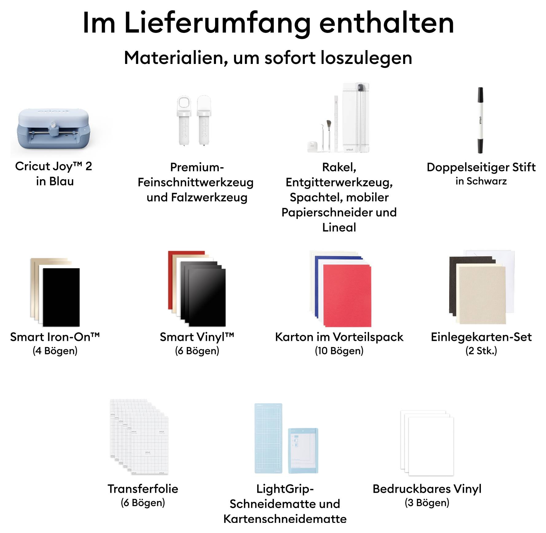 'Im Lieferumfang enthalten: Cricut Joy™ 2 in Blau, Feinschnittwerkzeug, Rakel, Doppelspitzer, Smart Iron-On™, Smart Vinyl™, Karton, Einlegekarten, Schneidematte, Transferfolie.'