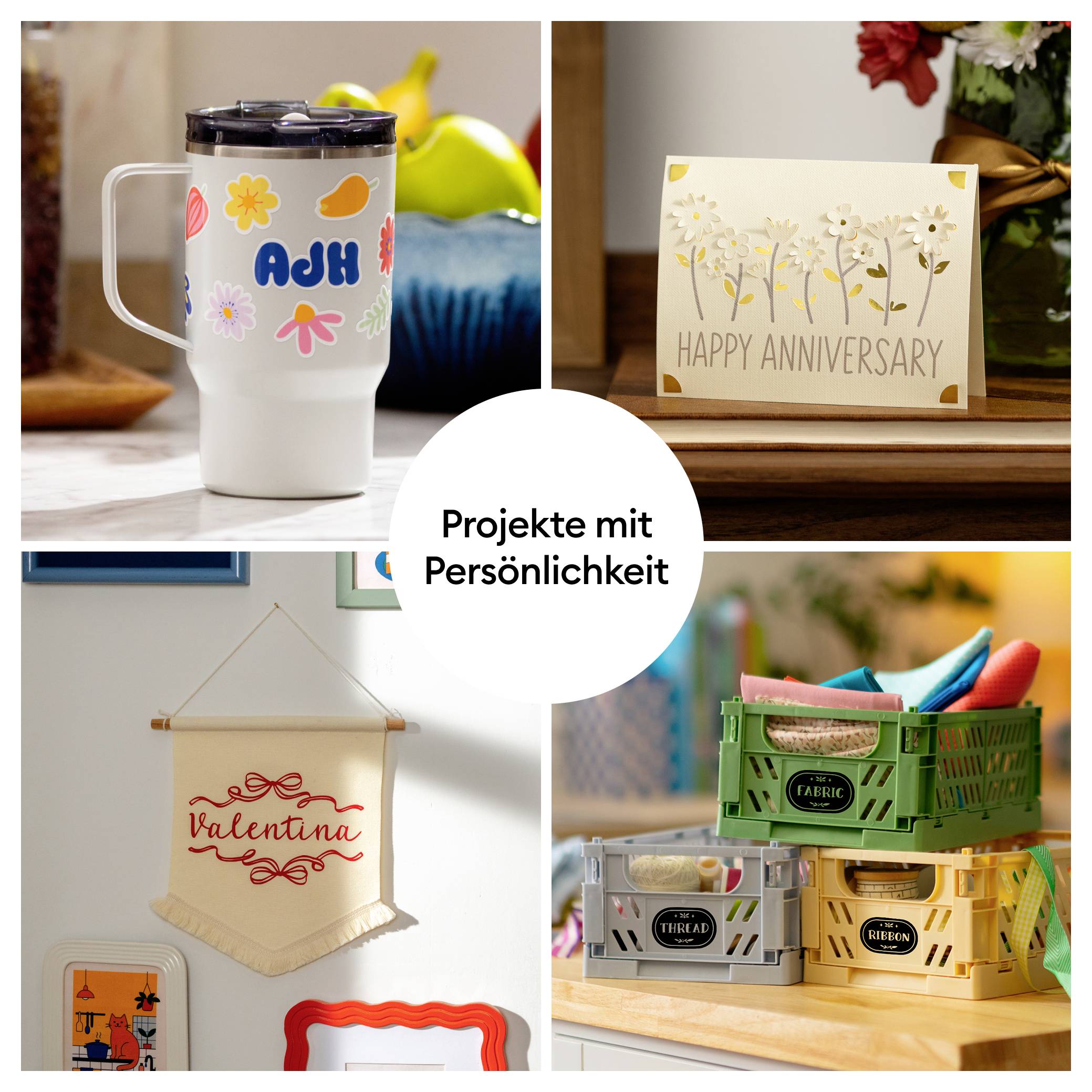 'Collage von DIY-Projekten: Personalisierter Becher, Glückwunschkarte, Wanddekoration mit Namen und personalisierte Kisten.'