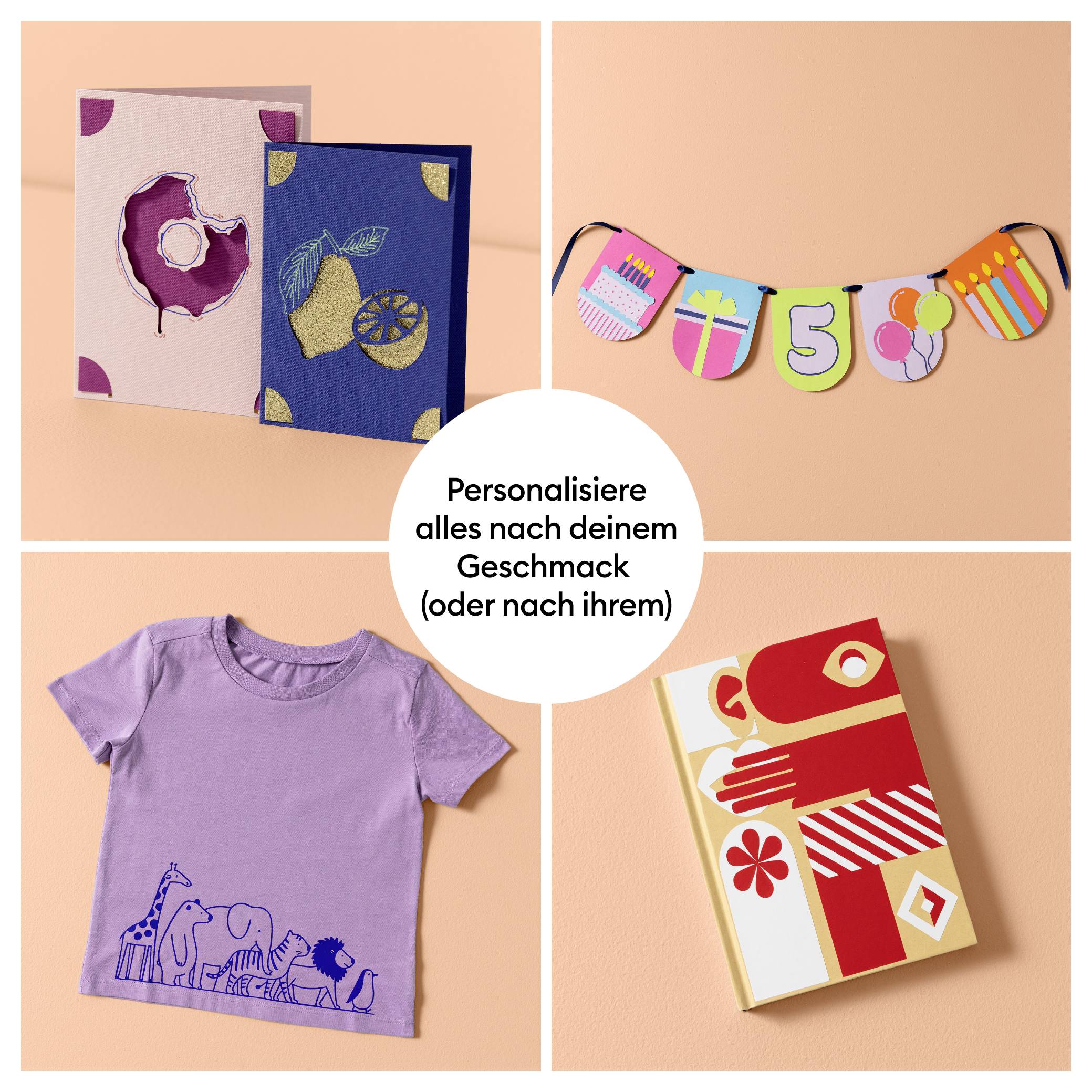 Vier Bilder zeigen: eine Donuts-Karte, eine Zitrusfrucht-Karte, eine Girlande mit 'Happy 5', ein lila T-Shirt mit Tiermotiv und ein abstraktes Notizbuch.