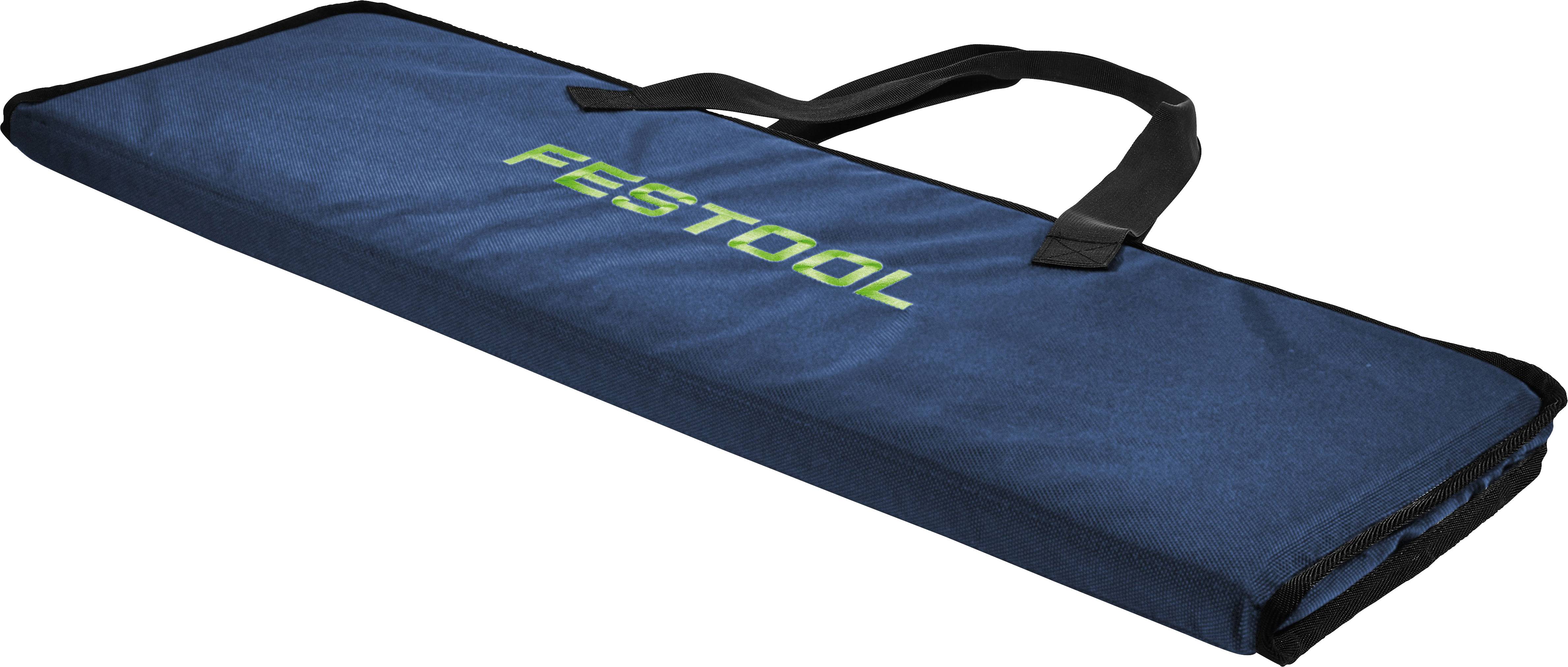 Ein blauer Festool-Transportkoffer mit zwei schwarzen Griffen, konzipiert zum Transport von Werkzeugen.