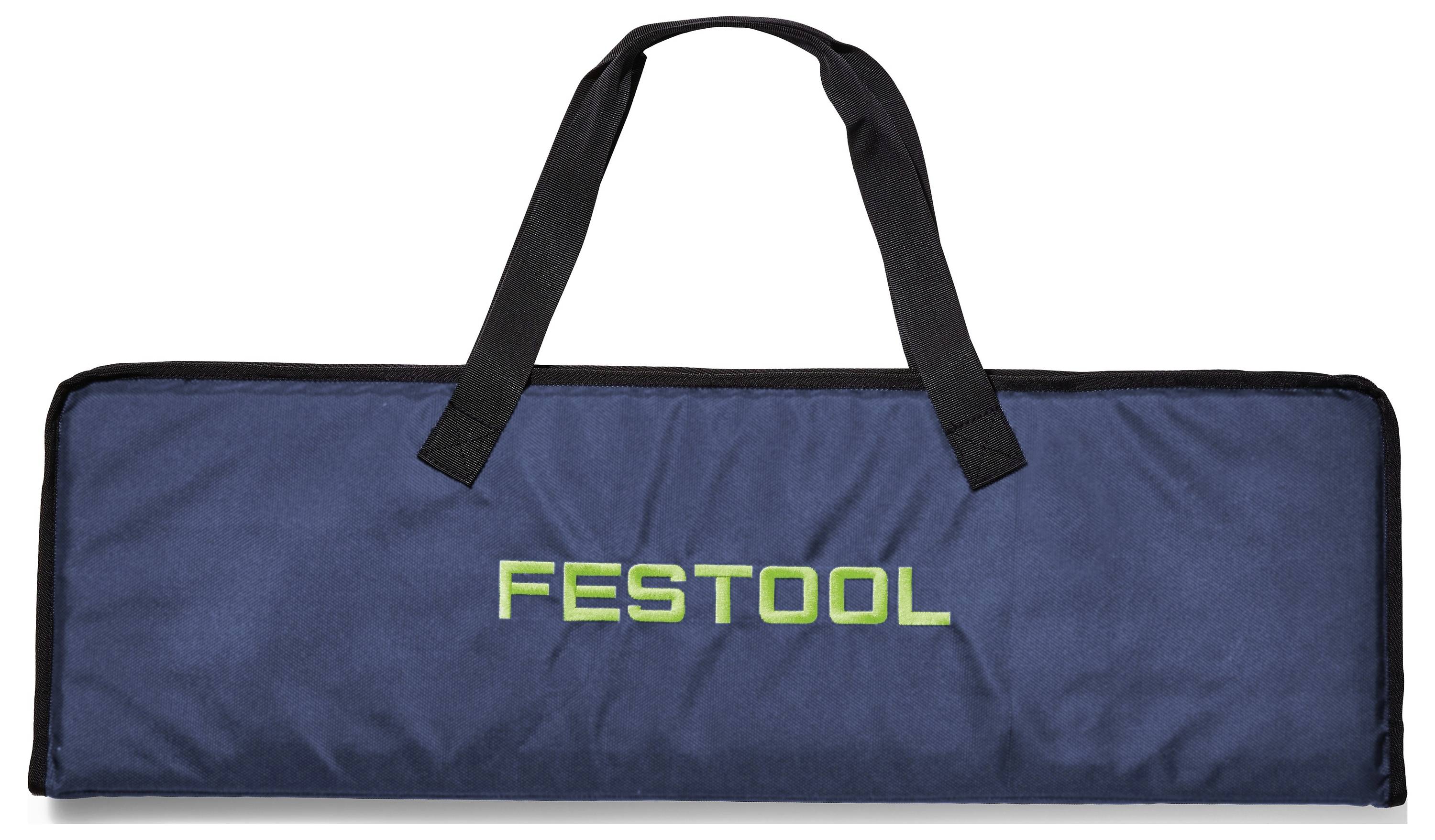 Ein blaues rechteckiges Transportkoffer mit schwarzen Griffen, mit dem Wort „Festool" in grünen Buchstaben auf der Vorderseite.