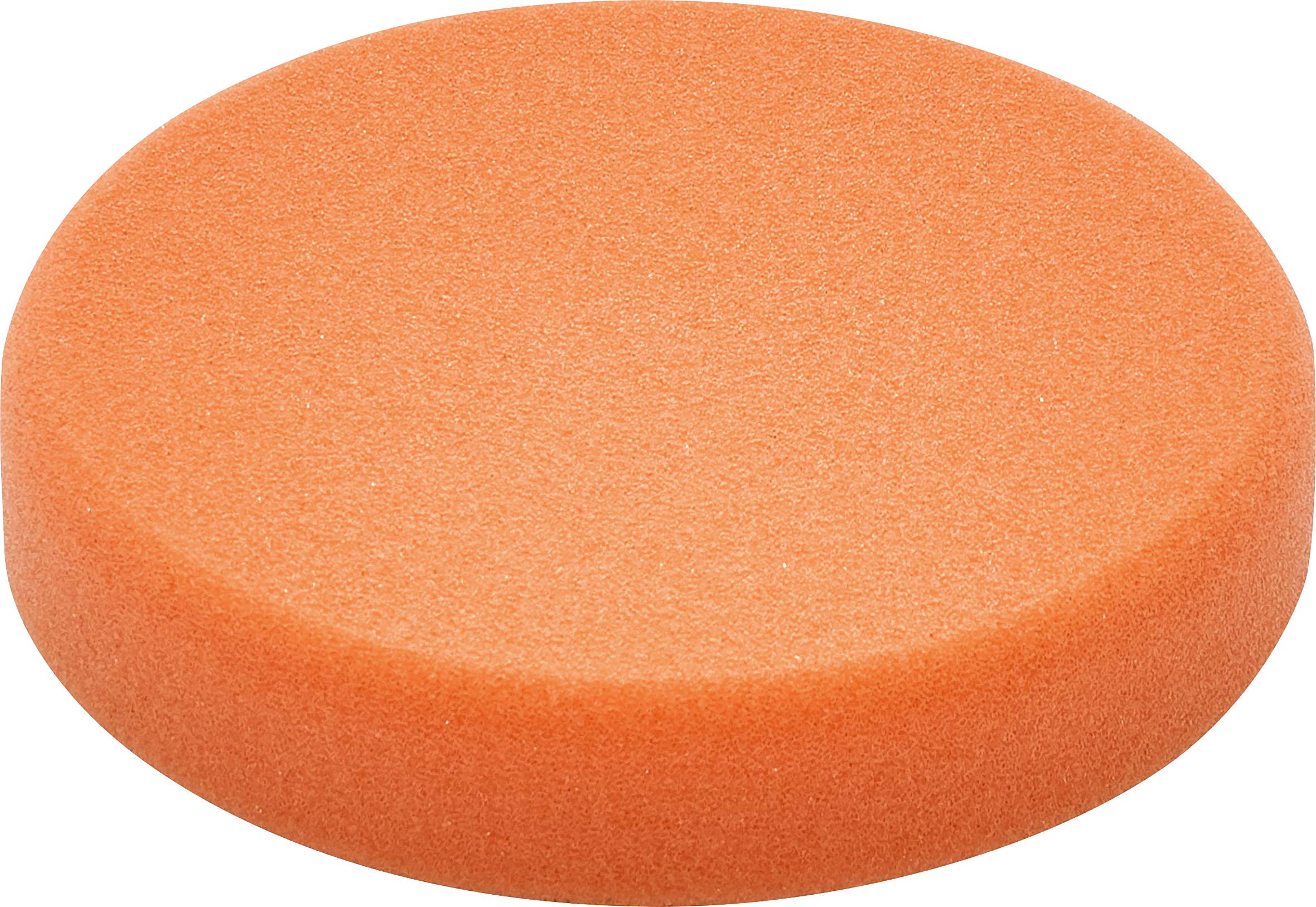 Ein orangefarbenes, rundes Schaumstoffpad zum Polieren oder Schleifen von Oberflächen.