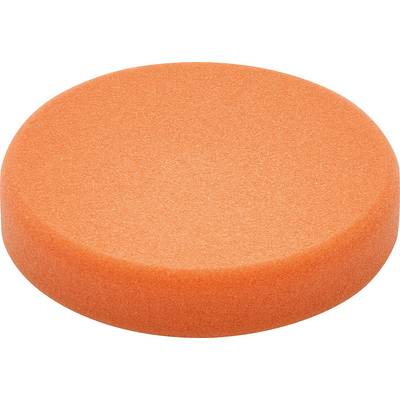Ein orangefarbenes, rundes Schaumstoffpad zum Polieren oder Schleifen von Oberflächen.