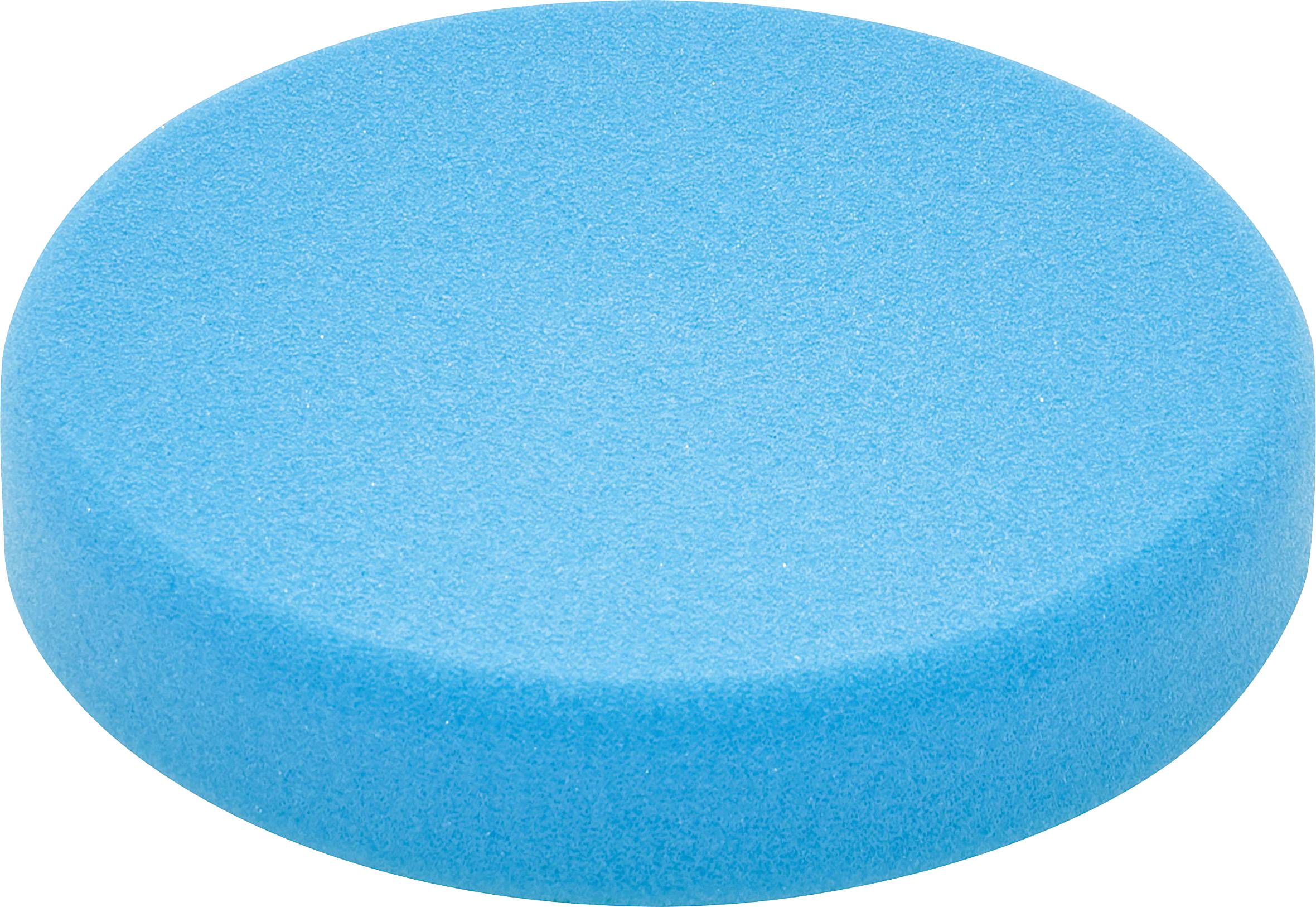 Eine runde, flache, blaue Schwamm-Scheibe, die zum Basteln oder Reinigen verwendet wird, isoliert auf weißem Hintergrund.