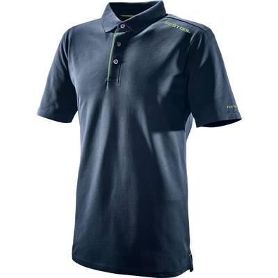 Ein dunkles Poloshirt mit kurzen Ärmeln und Kragen, mit kleinen "Festool"-Logos auf der Brust und dem Ärmel in grüner Schrift.