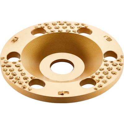Ein rundes, goldfarbenes Schleifrad mit Diamantschleifbelägen, das zum Glätten von Oberflächen verwendet wird.