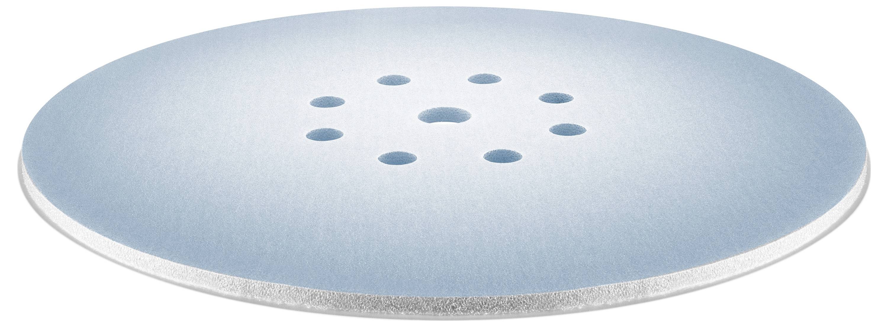 Kreisförmige blaue Schleifscheibe mit acht Löchern in zentraler Anordnung, verwendet zum Schleifen oder Polieren von Oberflächen.
