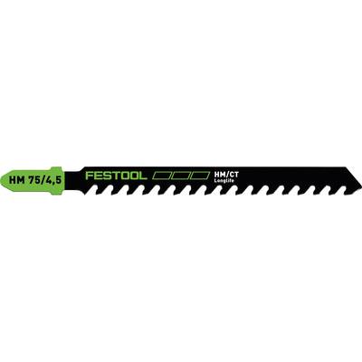 ‚Festool HM 75/4.5 HMC/T Longlife' Stichsägeblatt mit grünem und schwarzem Design mit einer Reihe scharfer Zähne.