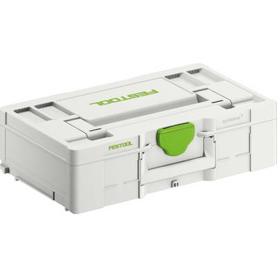 Eine weiße Festool-Werkzeugkiste mit grünem Verschluss und Griff, mit "FESTOOL"-Beschriftung auf dem Deckel. Entwickelt zum Lagern und Organisieren von Werkzeugen.