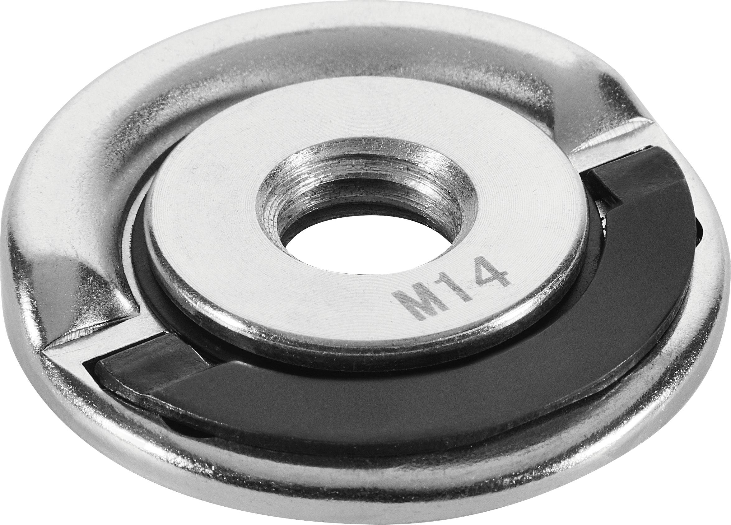 Eine Metallschleifer-Sperrflansch mit "M14"-Gravur, mit kreisförmiger Form und zentralem Gewindeloch zum Sichern von Schleifscheiben.