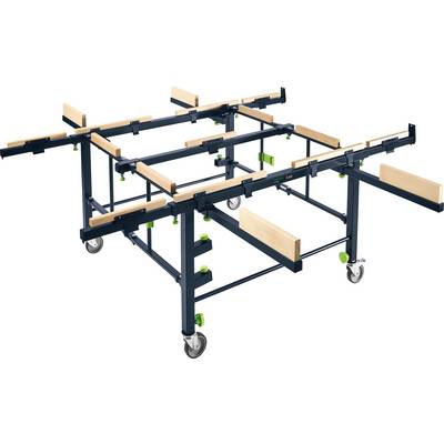 Eine fahrbare Metallrahmen-Werkbank mit Holzstützen und verstellbaren grünen Knöpfen, entwickelt zum Halten und Bearbeiten großer Materialien.