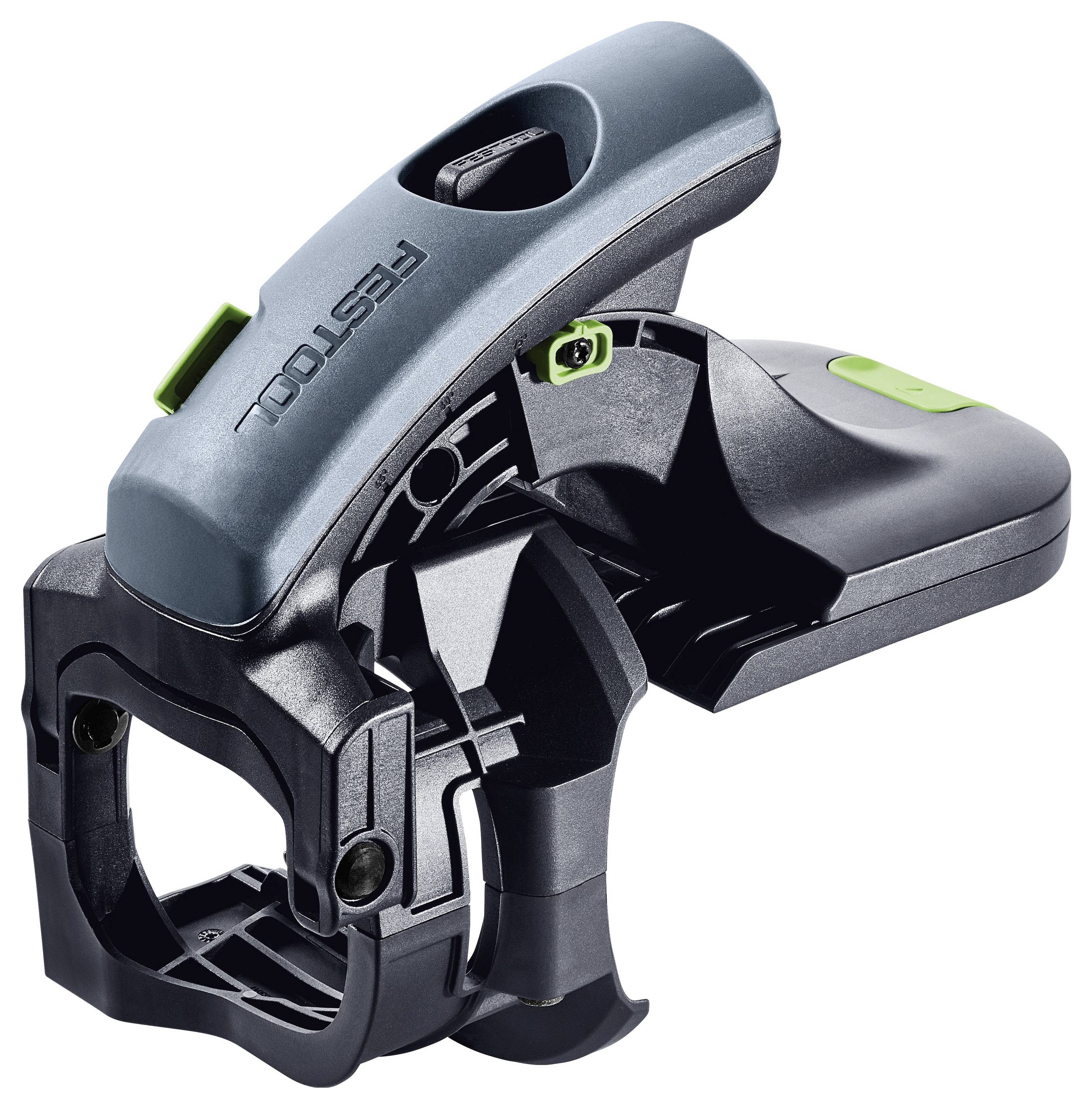Festool-Tiefenstopp-Aufsatz – Ein schwarz-grüner Festool-Tiefenstopp-Aufsatz für ein Bohrwerkzeug, der seine einstellbare Einstellungsfunktion zeigt.