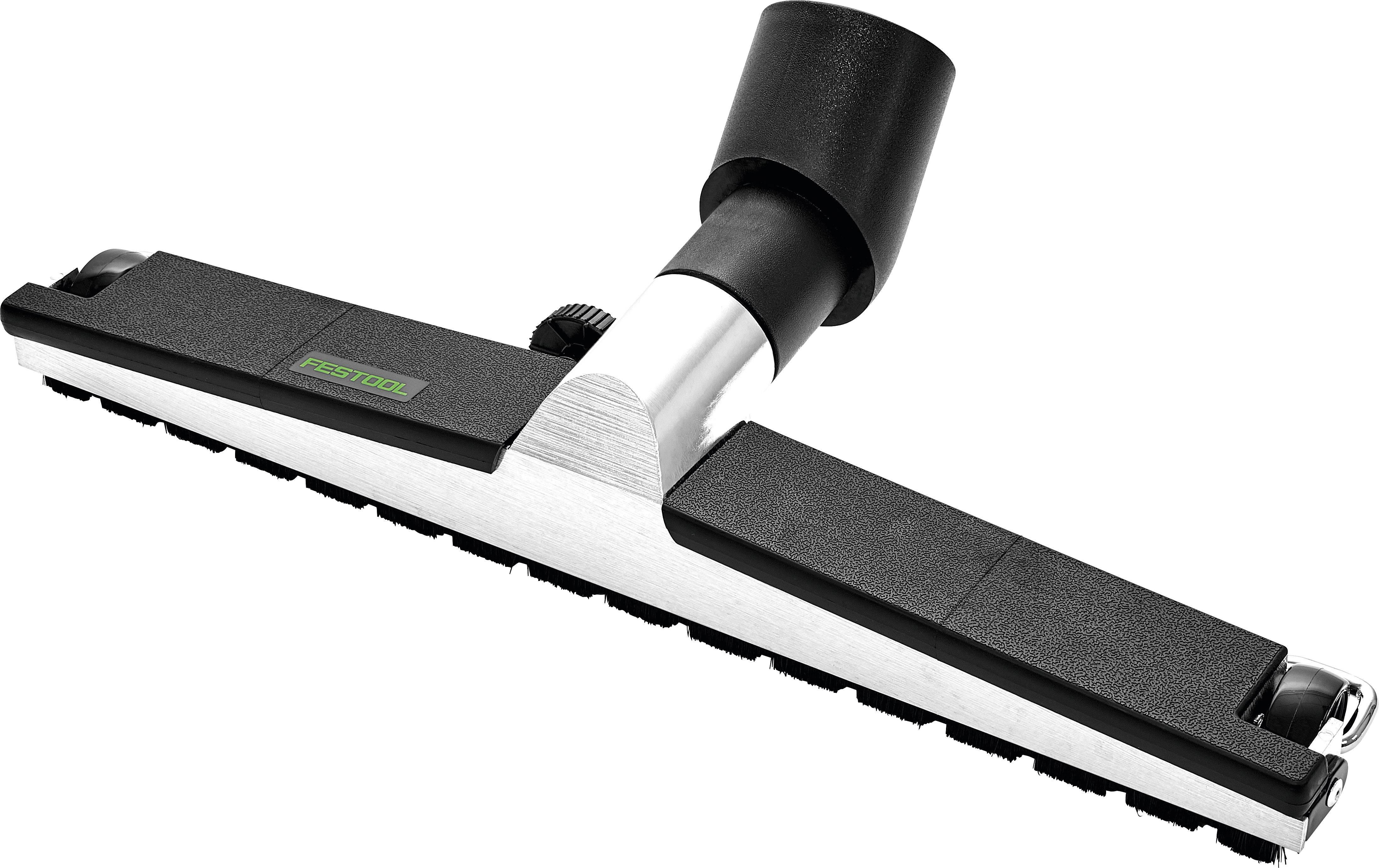 Ein Staubsaugerbürsten-Aufsatz mit flachem Design, bestehend aus Metall und schwarzem Kunststoff, mit dem Logo "Festool".