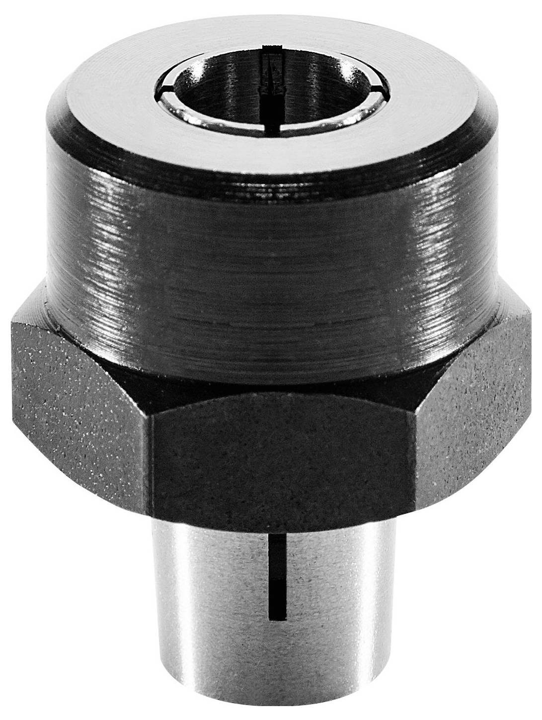 Eine metallische mechanische Komponente mit zylindrischer Form und sechseckiger Grundfläche, mit einem gewindelten inneren Abschnitt und einer glatten Außenseite.