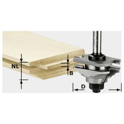 Eine Routerfräser-Baugruppe neben Holzbrettern; der Fräser erstellt Verzahnungen mit gekennzeichneten Abmessungen (NL, B, D) für präzise Holzbearbeitung.