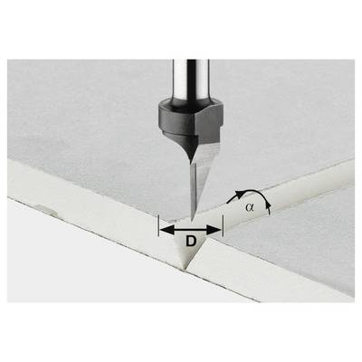 Ein V-förmiges Schneidwerkzeug wird gezeigt, das einen präzisen Schnitt in einem Material im Winkel (α) macht, wobei die Breite des Schnitts mit "D" bezeichnet ist.