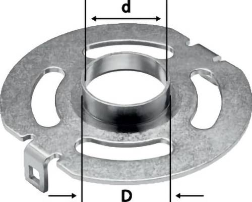 Eine metallische Kreiskomponente mit einem zentralen zylindrischen Abschnitt und drei gekrümmten Schlitzen, gekennzeichnet mit den Abmessungen „d" und „D".