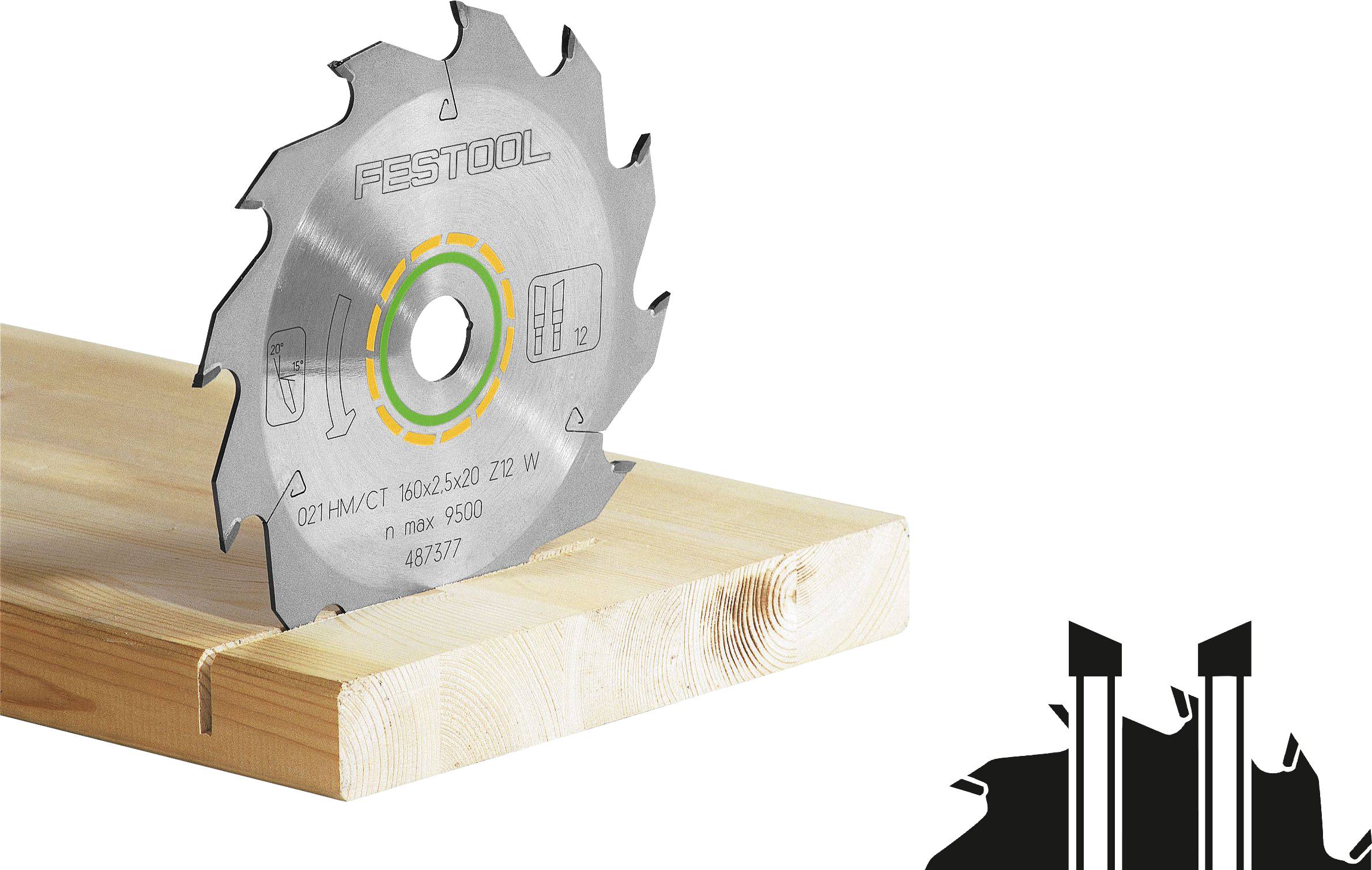 Ein Kreissägeblatt mit der Aufschrift „Festool" schneidet durch ein Holzbrett. Das Blatt zeigt Holzbearbeitungswerkzeuge in Aktion.