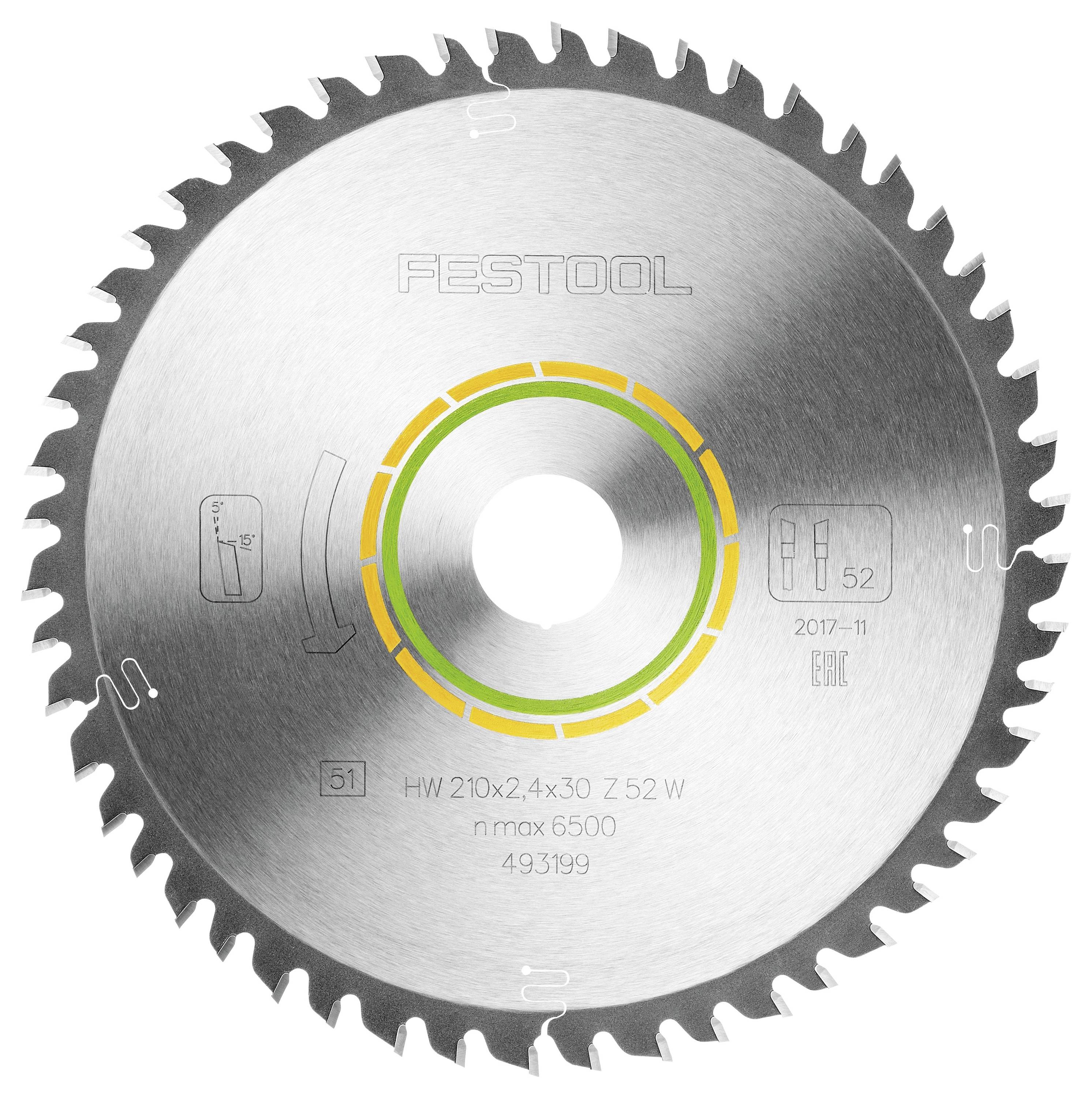 'Ein Kreissägeblatt mit scharfen Zähnen, gekennzeichnet mit Marke und Spezifikationen: HW 210x2.4x30 Z52 W, n max 6500, 493199.'