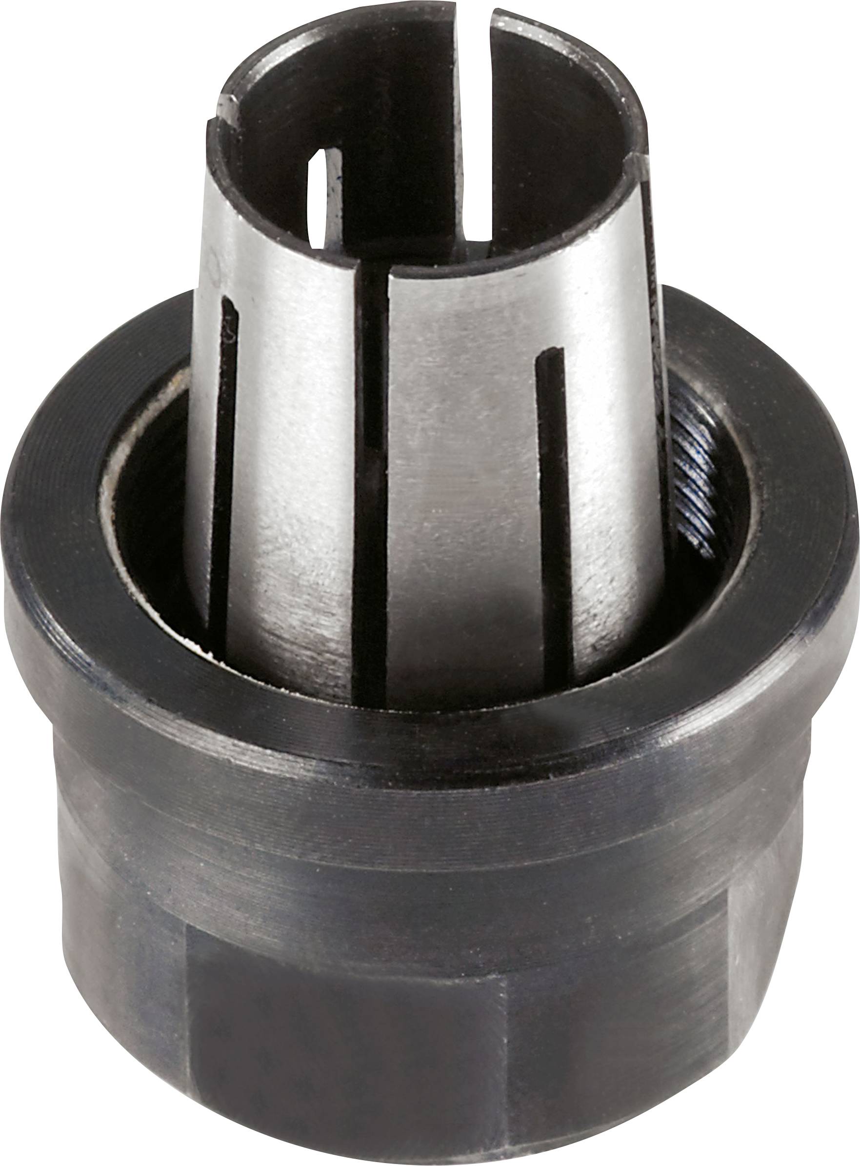 Ein metallisches zylindrisches Werkzeugbauteil mit vertikalen Schlitzen und einem Flansch an der Basis, das zum Bearbeiten oder zum Fixieren von Objekten verwendet wird.
