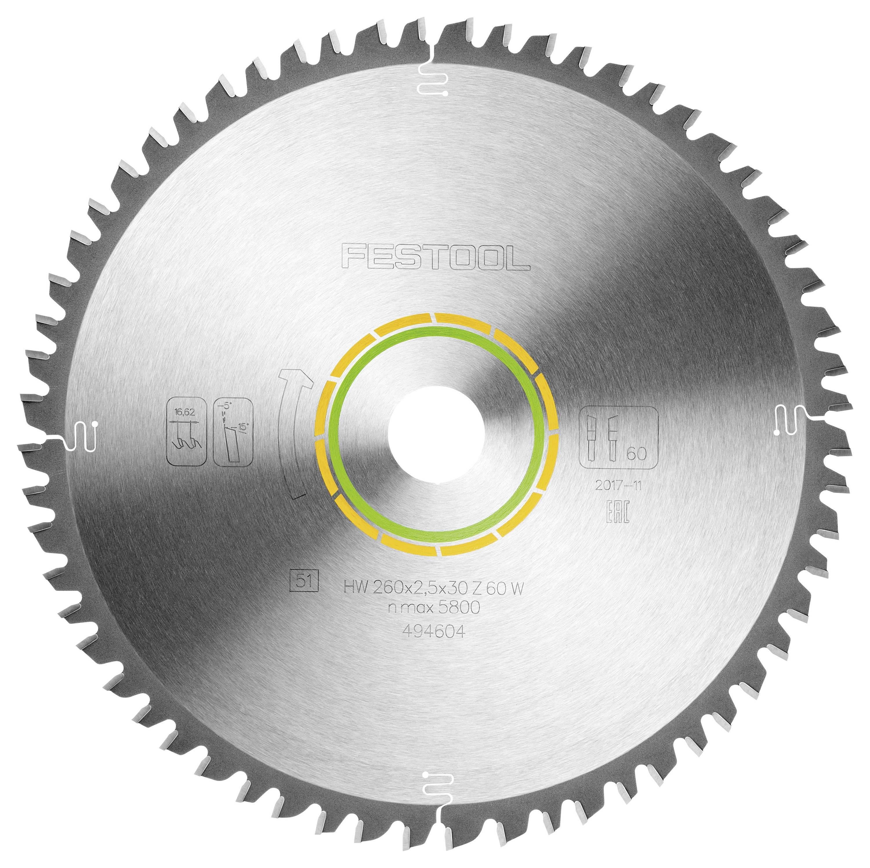 Ein Kreissägeblatt mit Zähnen entlang der Kante, graviert mit Spezifikationen einschließlich 'HW 260x2.5x30 Z 60 W' und Markierungen der Marke.