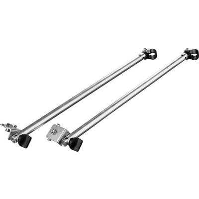 Zwei Silbermetallstäbe mit montierten Halterungen und schwarzen Endkappen, verwendet zum Befestigen von Ausrüstung oder zur Stabilisierung von Strukturen.