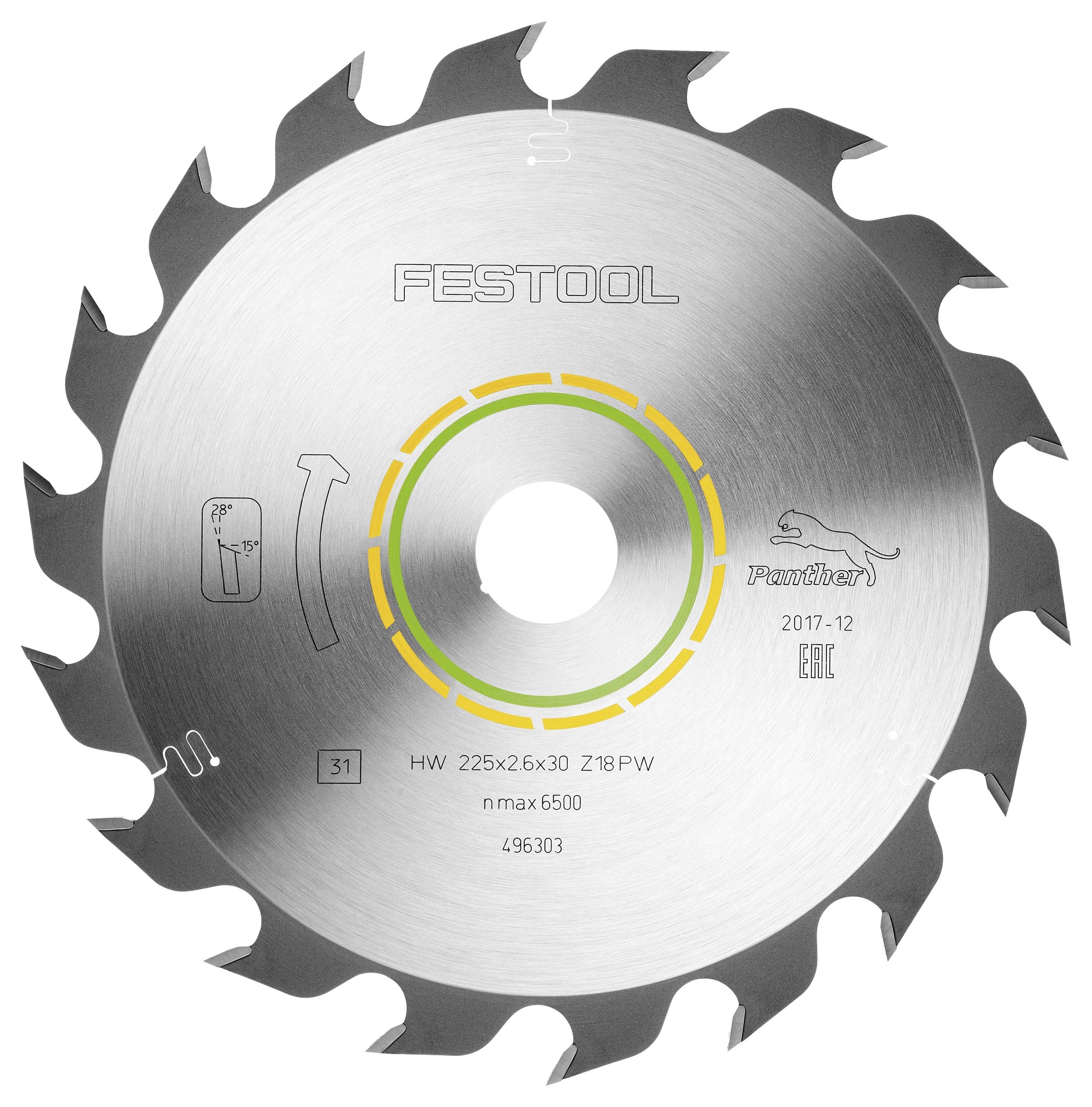 Kreissägeblatt mit der Beschriftung „Festool Panther HW 225x2.6x30 Z18 PW", zeigt Produktdetails, Markenlogo und Modellspezifikationen.