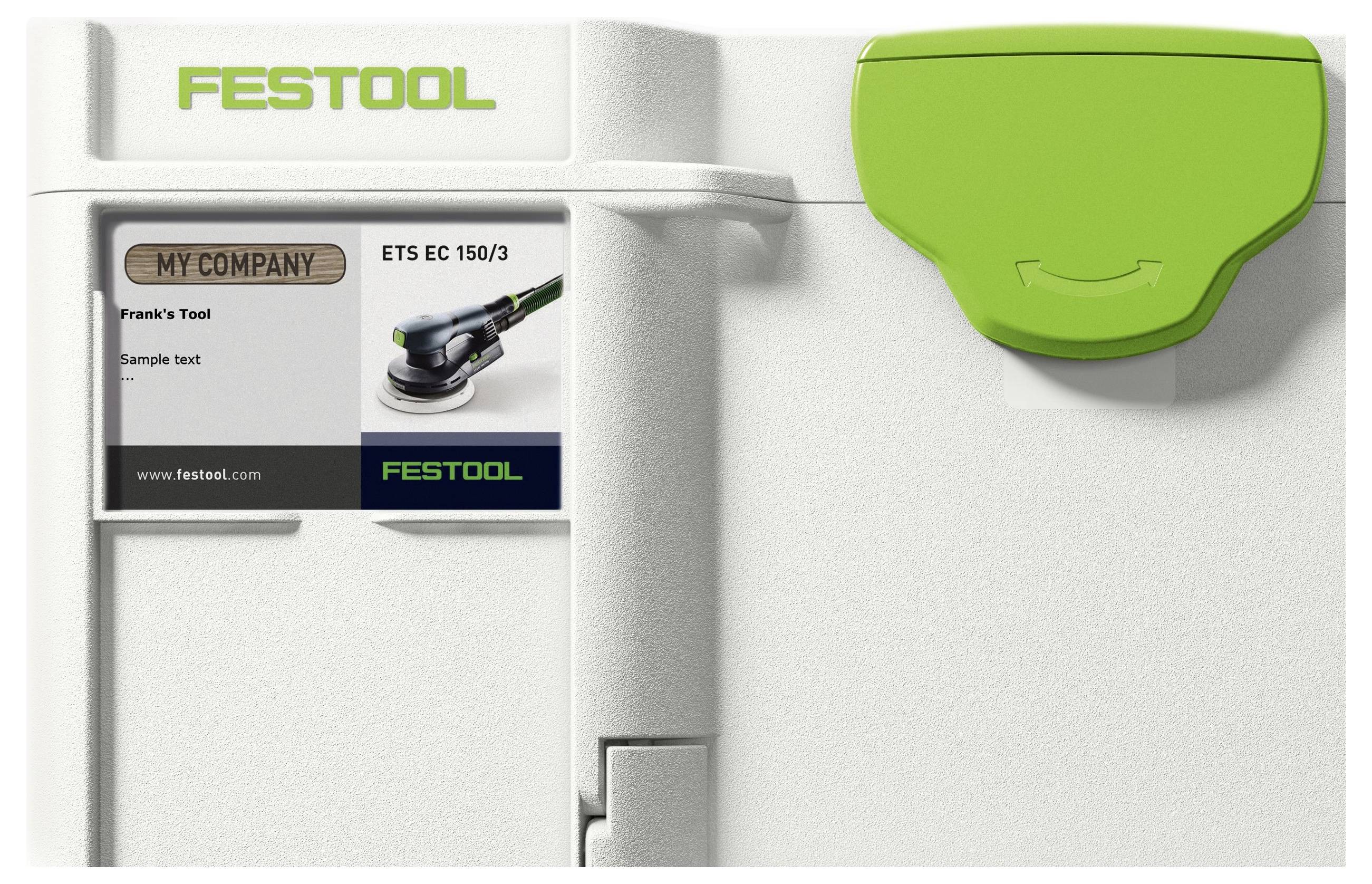 Ein weiß-grüner Festool-Koffer mit einem Etikett, auf dem „Frank's Tool, ETS EC 150/3" steht, und einem Bild eines Schleifers.