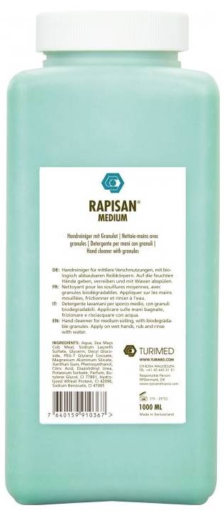 Ein rechteckiger Plastikbehälter mit einem türkisfarbenen Flüssigreiniger, etikettiert mit 'Rapisan Medium', 1000 ml Inhalt.
