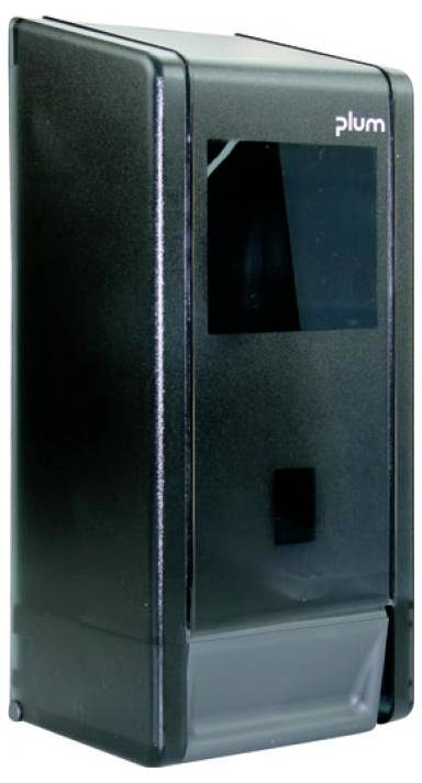 Einführung eines schwarzen Seifenspenders mit transparentem Frontpanel. Oben rechts ist die Marke 'plum' angebracht.