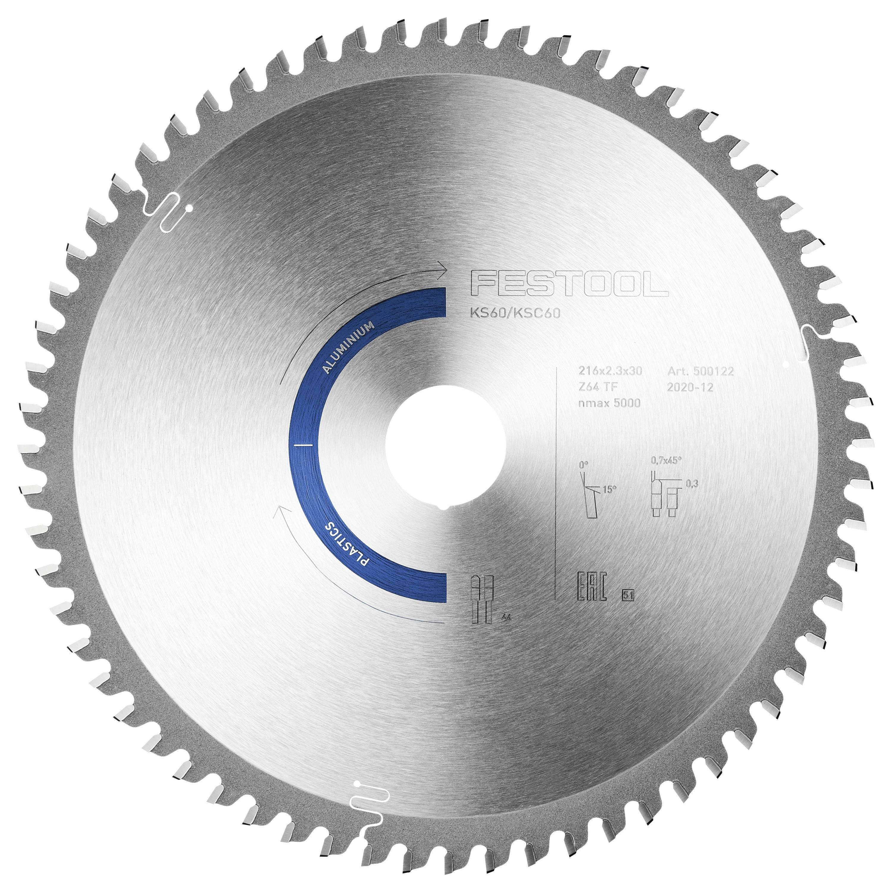Ein Kreissägeblatt mit der Bezeichnung „FESTOOL KS60/KSC60". Es hat einen blauen Bereich, der für Aluminium gekennzeichnet ist und die Kompatibilität mit dem Material anzeigt.