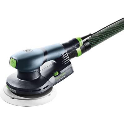 „Festool ETS EC 150" Schleifer mit elegantem Design, zeigt einen blauen und schwarzen Körper, verbunden mit einem strukturierten Schlauch.