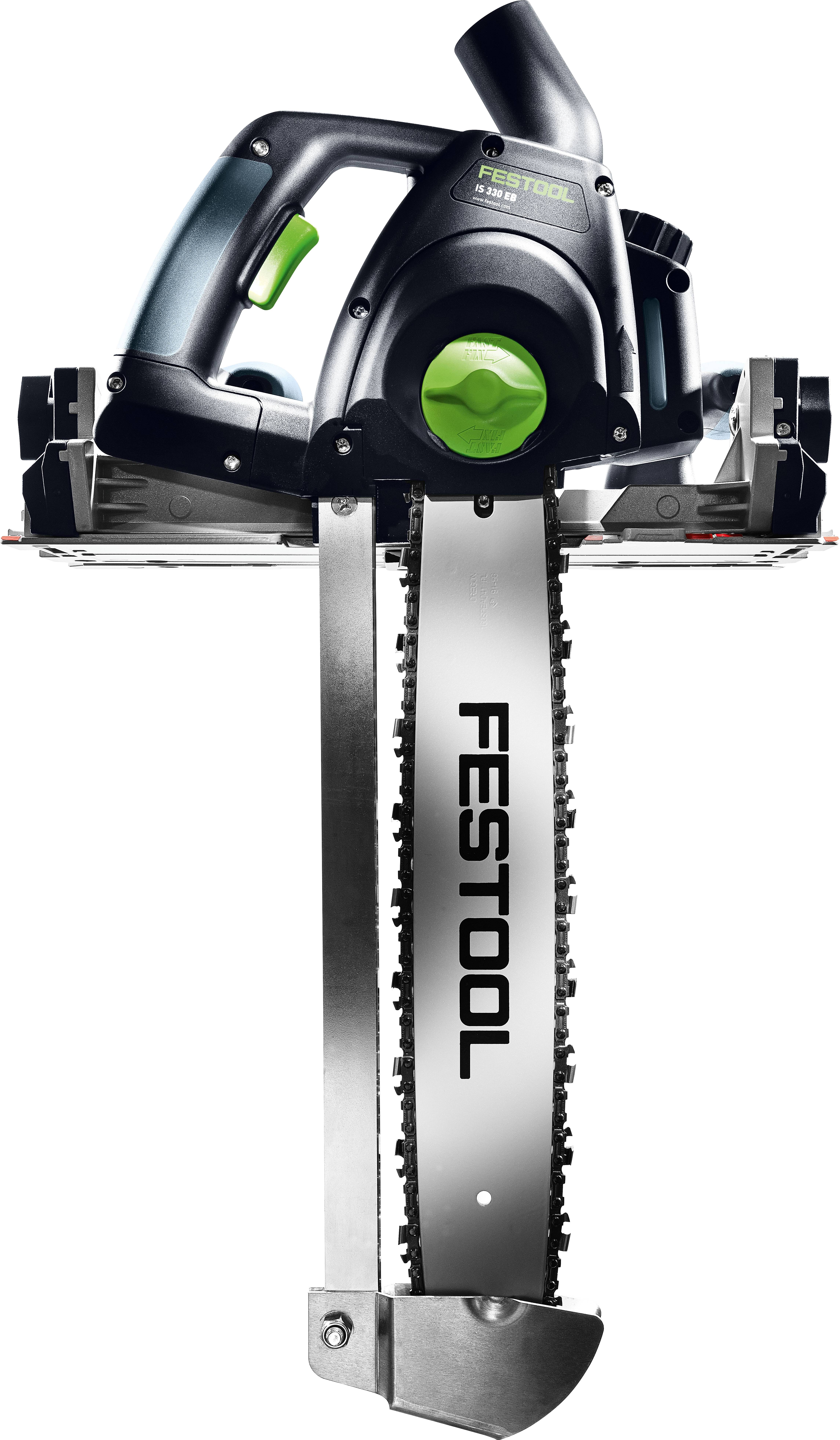 Elektrowerkzeug mit Festool-Branding, ausgestattet mit einem scharfen, vertikal ausgerichteten Sägeblatt, elegantes schwarz-grünes Design, verwendet für präzise Schneidarbeiten.