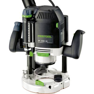 Ein schwarzes und weißes Oberfräsenwerkzeug mit grünen Akzenten, mit der Bezeichnung "FESTOOL OF 2200 EB". Wird für präzise Holzbearbeitung verwendet und verfügt über eine verstellbare Tiefenmesslehre.