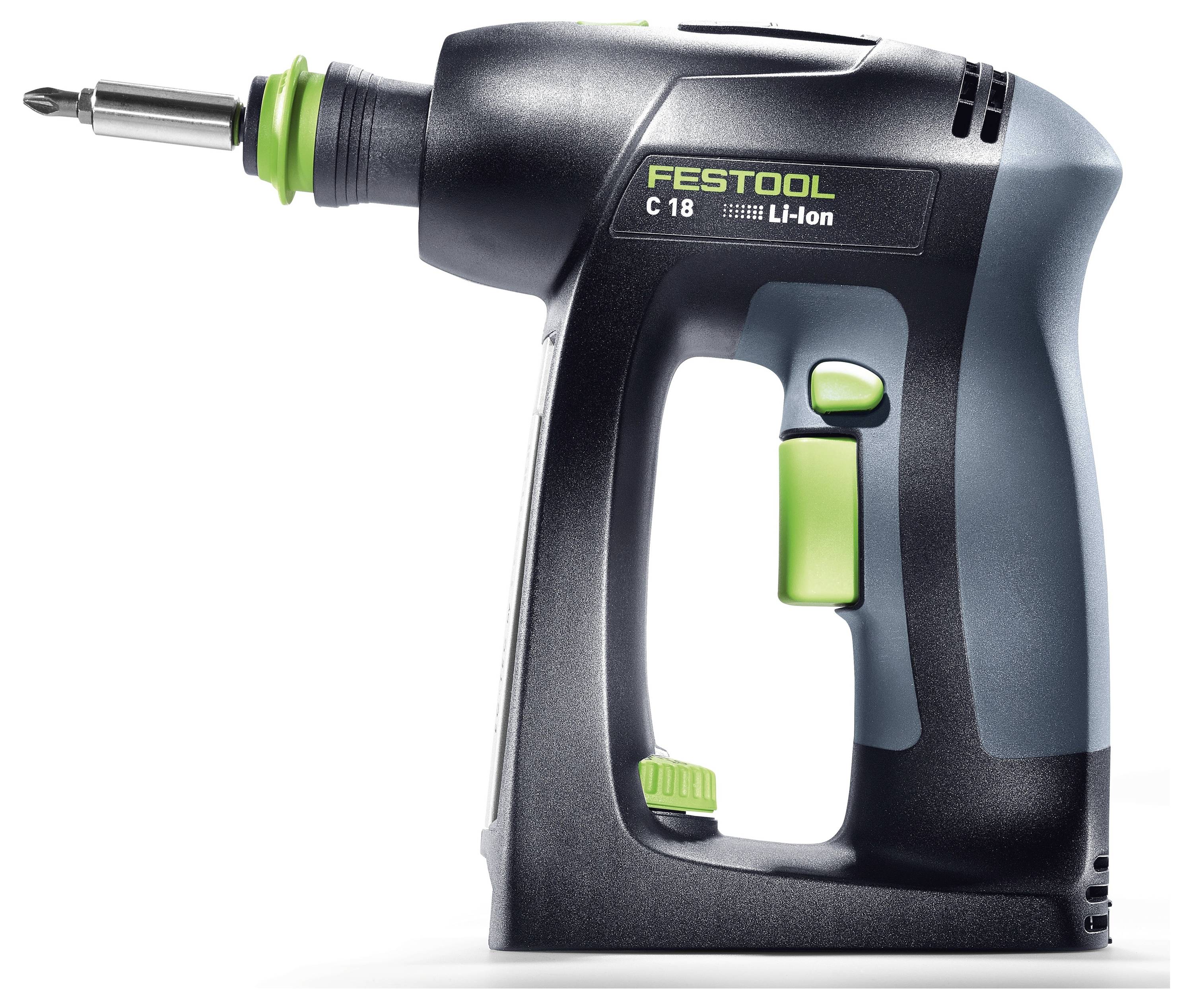 Ein blauer und schwarzer Festool DWC 18-2500 Akku-Schrauber mit elektronischer Steuerung und Gürtelclip-Befestigung.