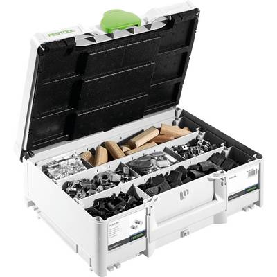 Eine offene Festool-Werkzeugbox mit organisierten Fächern, die Holzverbindungen, Schrauben und Befestigungselemente enthält.