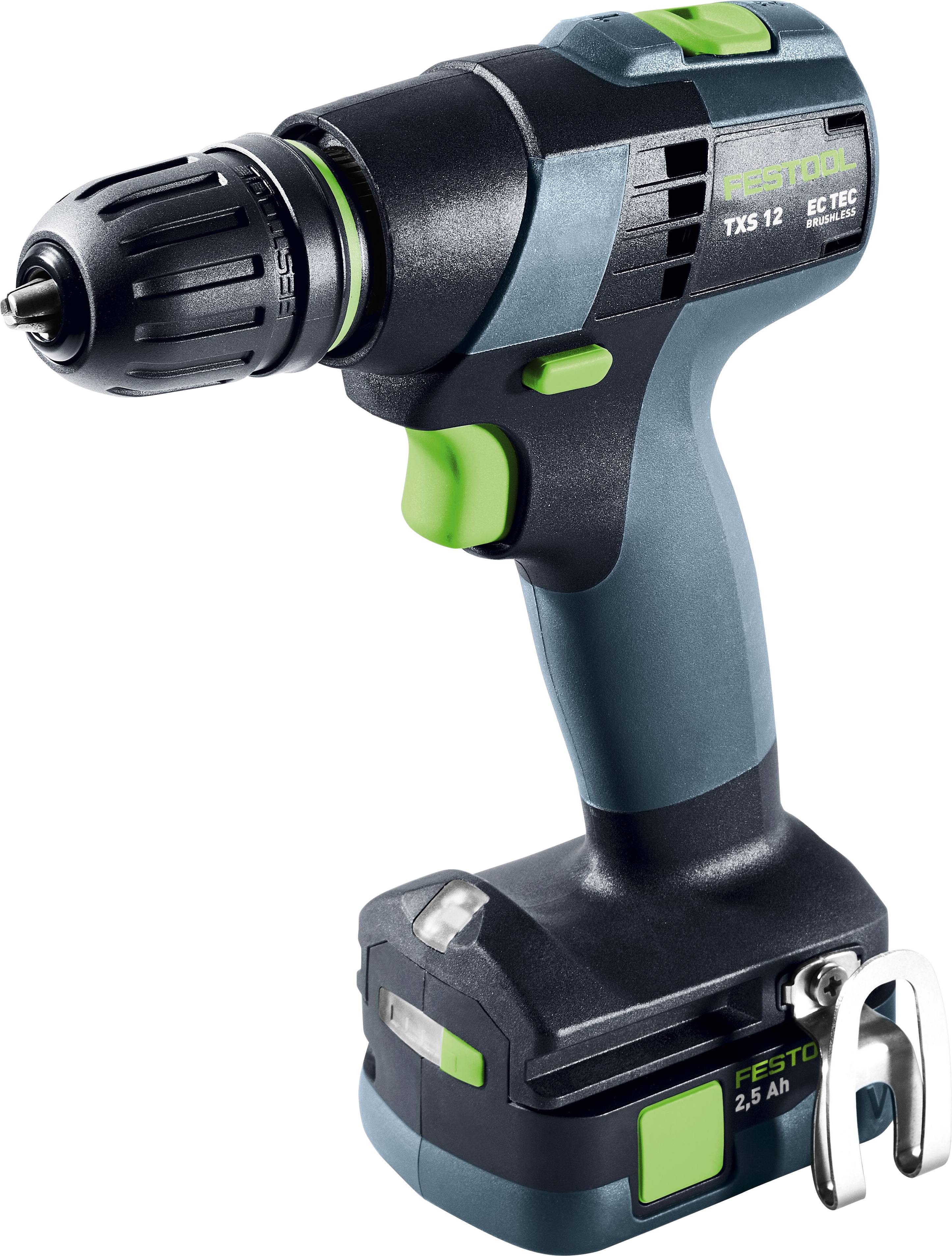 Festool TXS 12 Akku-Bohrmaschine, Schwarz-Grün-Design, kompakte Größe, mit einem 2,5-Ah-Akku und einer Gürtelschlaufe auf der Basis.