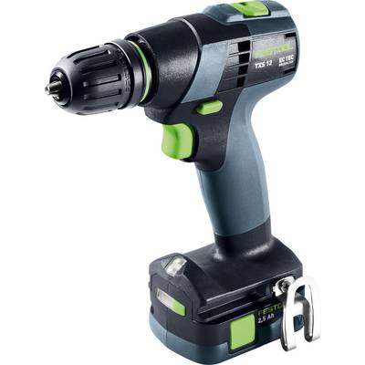 Festool TXS 12 Akku-Bohrmaschine, Schwarz-Grün-Design, kompakte Größe, mit einem 2,5-Ah-Akku und einer Gürtelschlaufe auf der Basis.
