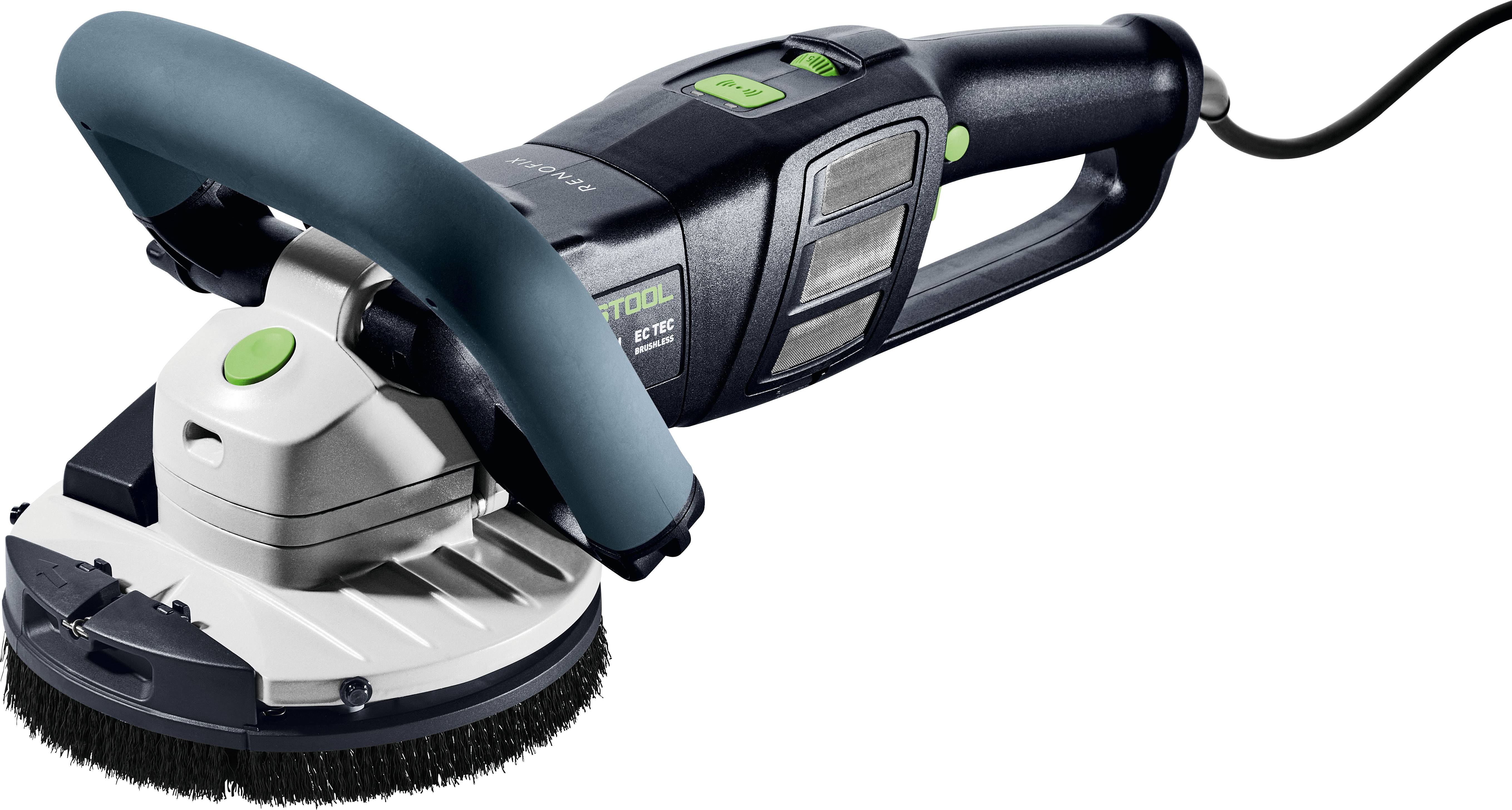 Ein Festool-Betonschleiffer mit blauem Griff, entwickelt zum Glätten und Ebnen von Oberflächen, zeigt sein kompaktes und ergonomisches Design.