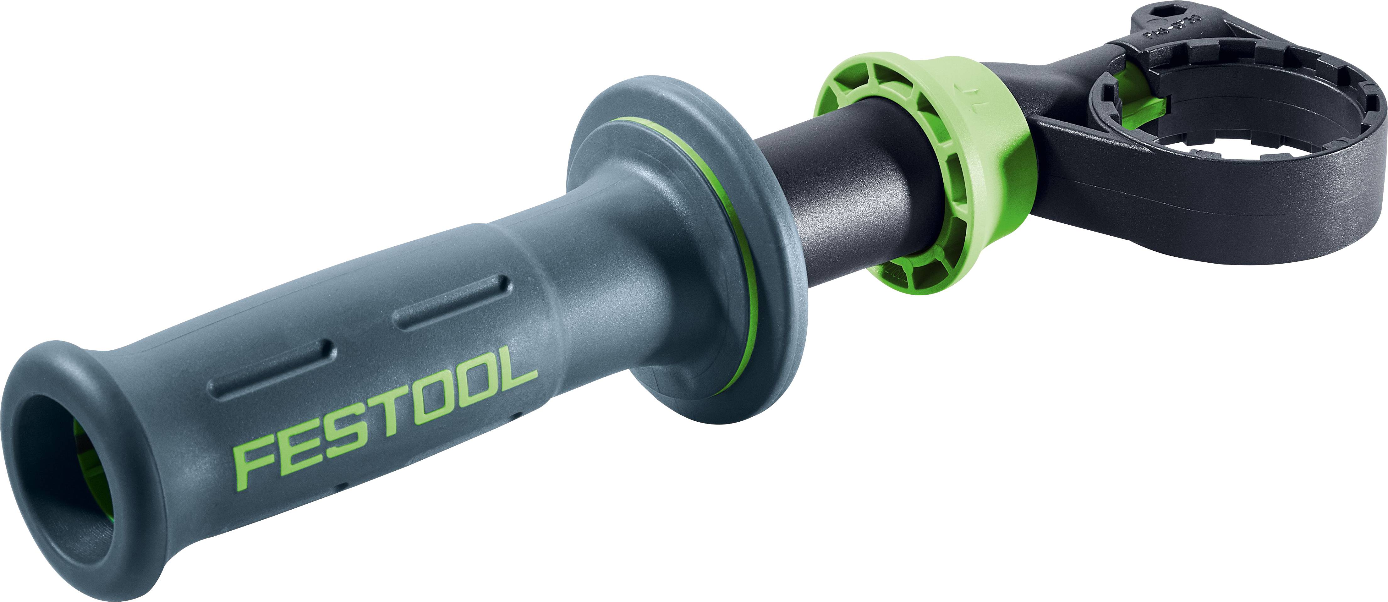 Ein abnehmbarer Handgriff für ein Elektrowerkzeug mit schwarzem Körper, grünen Akzenten und der Aufschrift "FESTOOL" auf dem Griff.