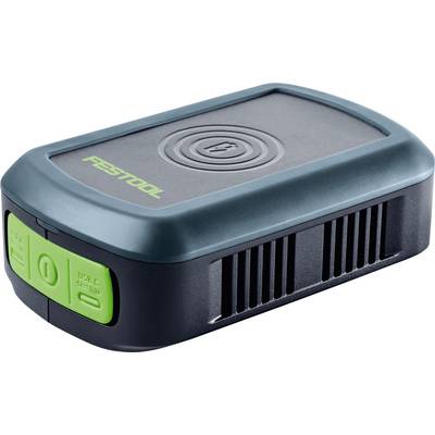 Ein kompaktes, rechteckiges Batteriepaket mit USB-C-Anschluss und Stromschalter, mit einem eleganten Design und dem Markennamen „Festool" auf der Oberseite.