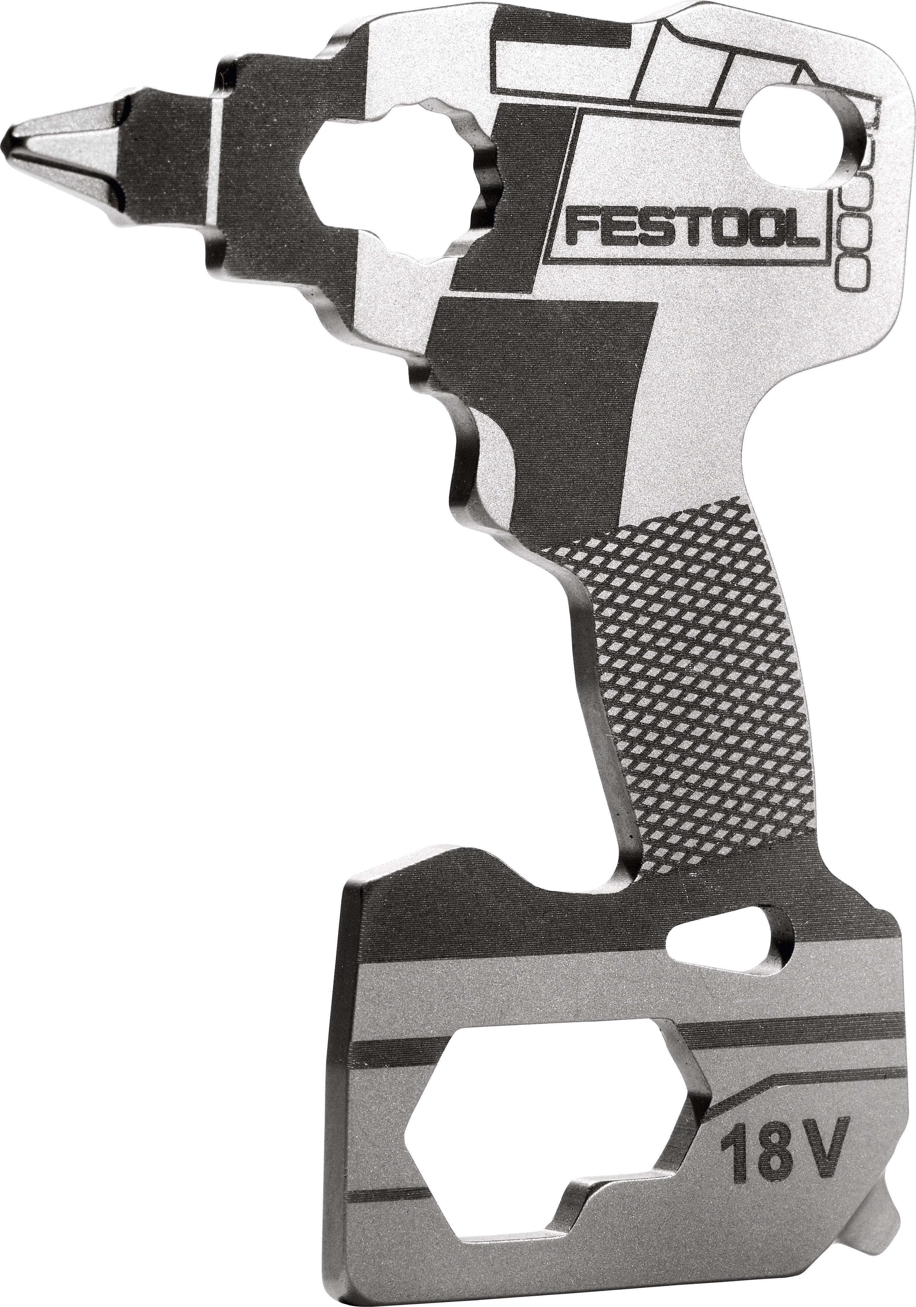 Ein Multitool-Schlüsselanhänger in Form einer kabellosen Bohrmaschine, mit der Marke „Festool 18V", mit verschiedenen Schraubenschlüsselgrößen und einer Schraubendreher-Spitze.