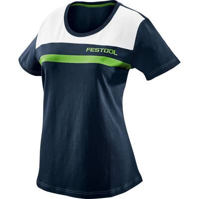 Marineblaues Damen-T-Shirt mit weißen und grünen Streifen über der Brust, mit dem Wort „FESTOOL" in Grün auf der rechten Seite.
