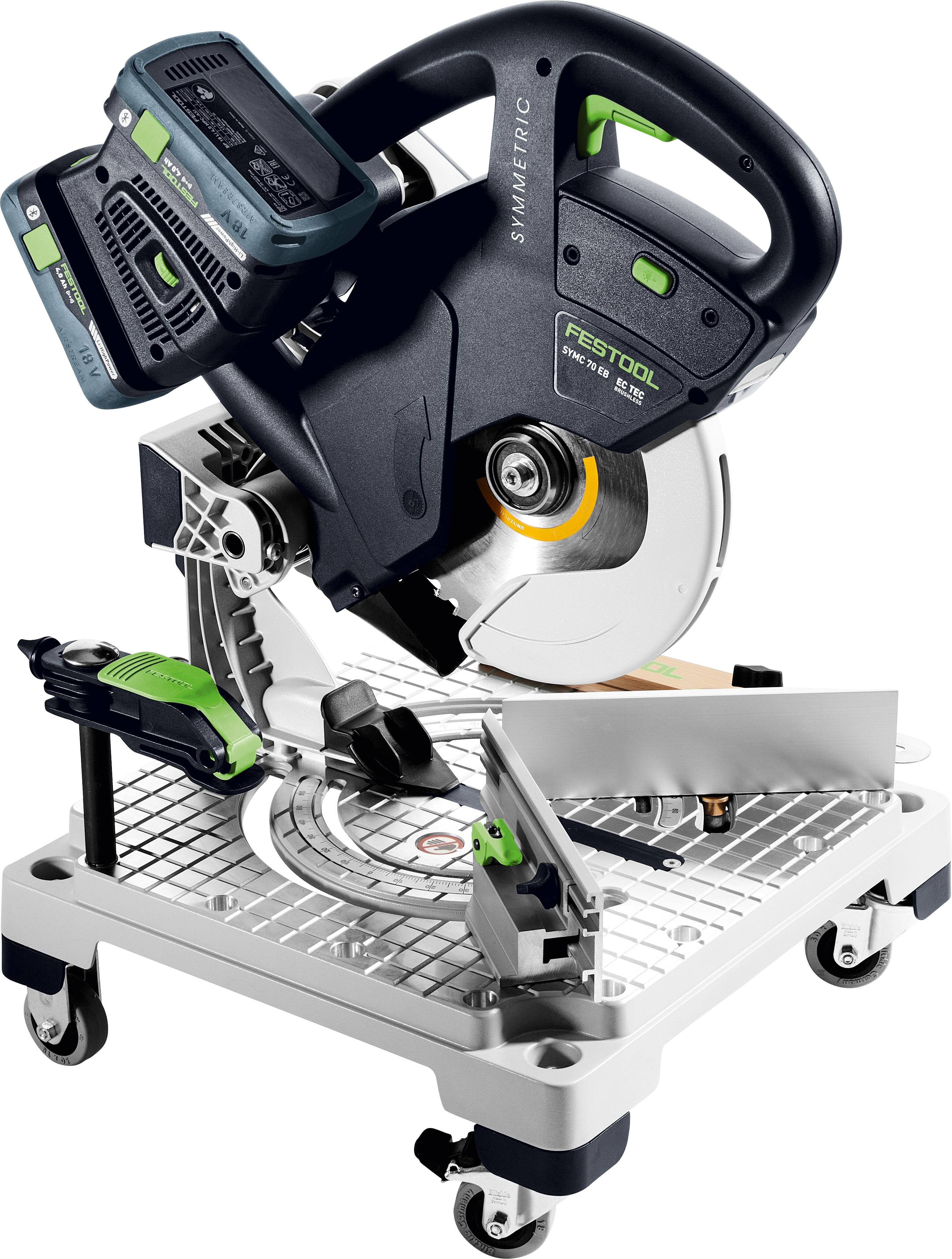 Eine Festool KSC 60 Akku-Kapp- und Gehrungssäge auf einem Untergestell mit einer Kreissägeblatt und verstellbaren Einstellungen für präzise Schnitte.