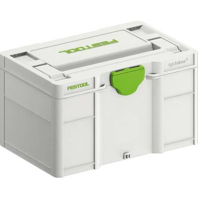 Eine stapelbare weiße Werkzeugaufbewahrungsbox mit grünem Riegel, beschriftet mit „FESTOOL" und „systainer3", entworfen zum Organisieren und Transportieren von Werkzeugen.