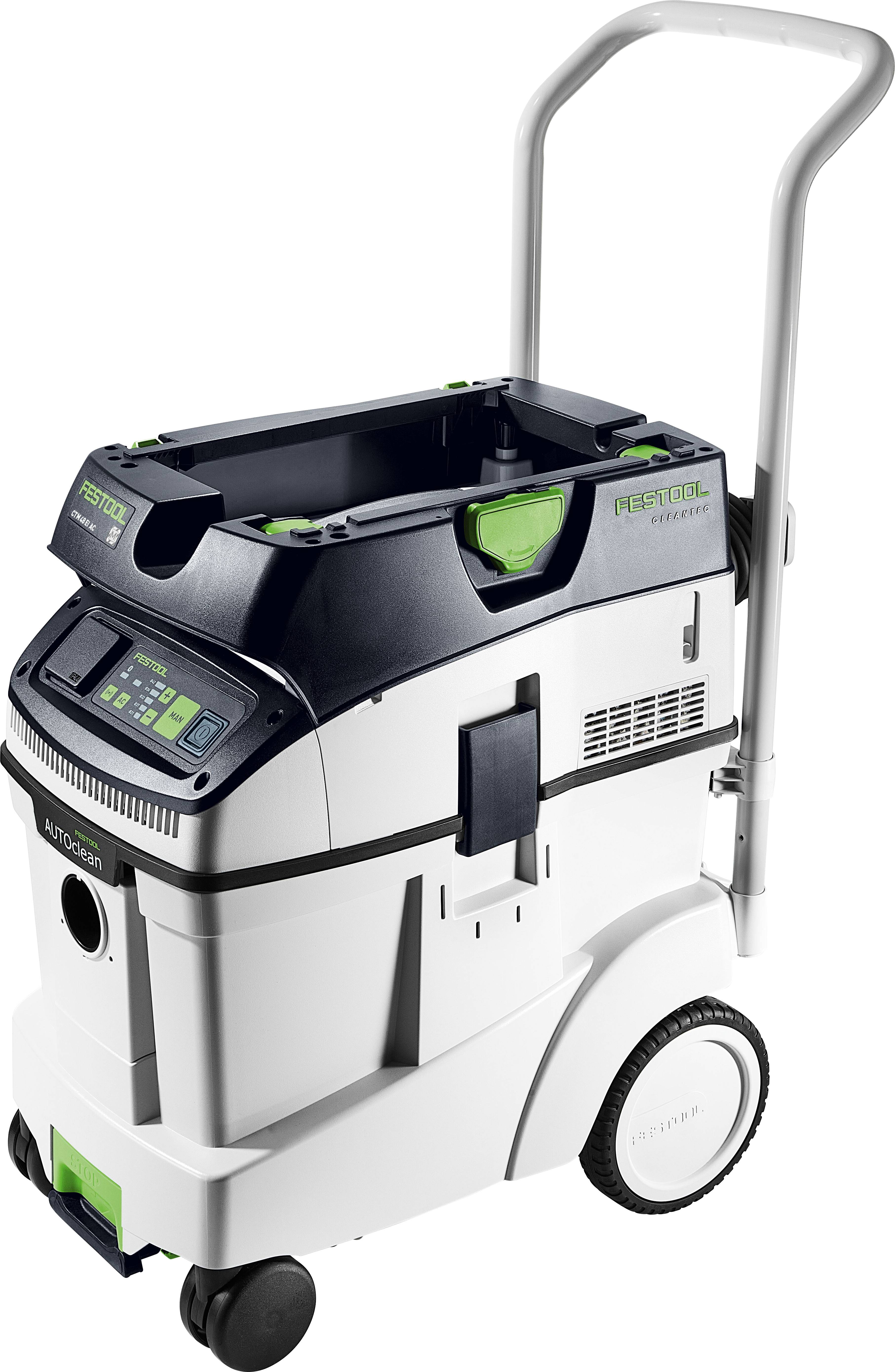 Ein weiß-grüner Industriestaubsauger mit digitales Bedienfeld und Griff für Mobilität, konzipiert für professionelle Verwendung.