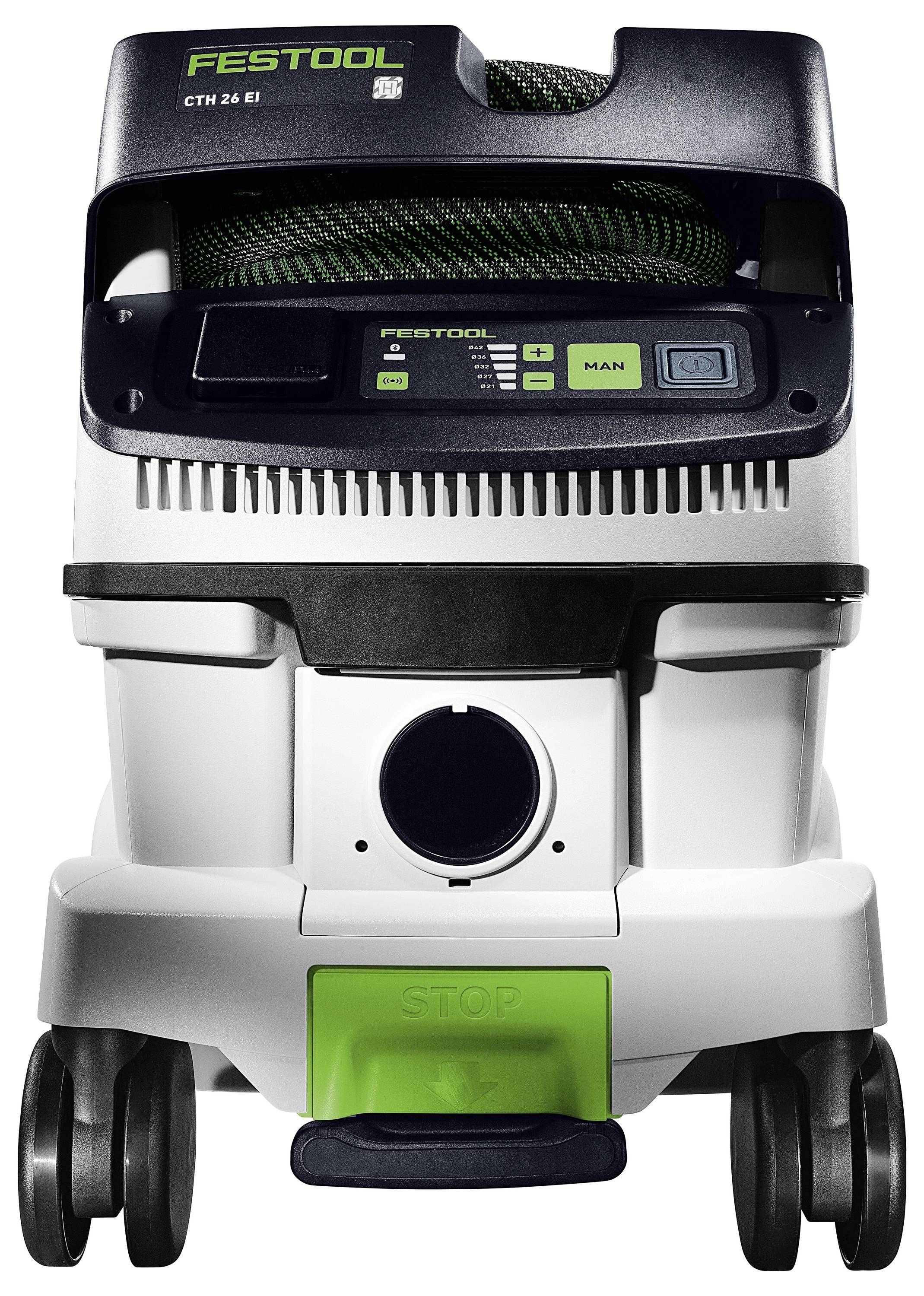 Staubsauger mit Rädern, Bedienelemente oben, sichtbares Markenlogo "Festool". Weiß und dunkel gefärbtes Gehäuse mit grünen Akzenten.