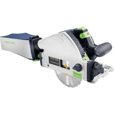 Eine Festool TSC 55 K kabellose Schienensäge mit grünen und schwarzen Akzenten, ausgestattet mit einem Staubbeutel und einer Skala für präzise Einstellungen.