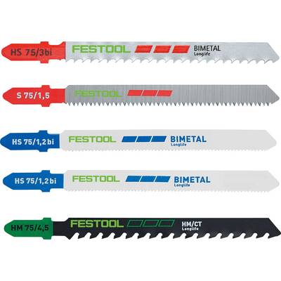 Sägeblätter verschiedener Spezifikationen und Materialien von Festool, in einer vertikalen Reihe angeordnet, jedes mit spezifischen Modelldetails gekennzeichnet.